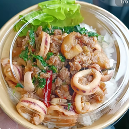 ข้าวผัดกระเพราปลาหมึก+หมูสับ