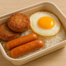 ข้าวไข่ดาว ไส้กรอก หมูยอ กุญเชียงทอด