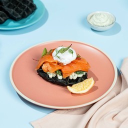 Smoked Salmon & Egg with Squid Ink Waffle
