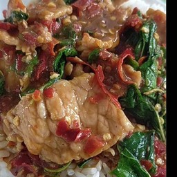 ผัดกระเพราหมูชิ้นราดข้าว