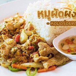 ผัดผงกะหรี่หมูชิ้น ราดข้าว