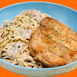 สปาเกตตีครีมทรัฟเฟิล สเต๊กไก่