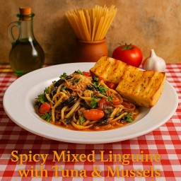 Spicy Spinach & Squid Ink Linguine with Tuna & Mussel