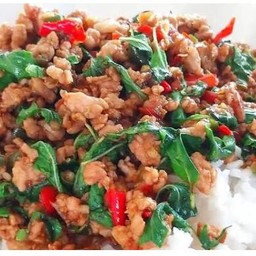 กระเพราหมูสับราดข้าว