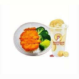 ชุดF ข้าวสเต็กไก่ทอดกรอบ+น้ำเลมอน 1 แก้ว