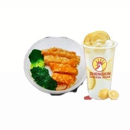 ชุด E ข้าวสเต็กไก่ทอดสไปซี่ + น้ำเลม่อน