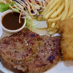 สเต็กสันคอหมู+ปลาทอด