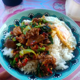 ผัดกระเพราตับวัว ราดข้าว