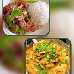 ข้าวยำหมูสามชั้นทอดกรอบ&ต้มแซ่บไข่เจียว