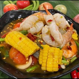 ยำปลาร้าข้าวโพดกุ้งสะดุ้ง(กุ้งคัดพิเศษ)
