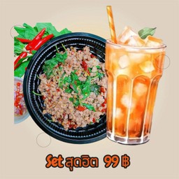 กะเพราหมูสับราดข้าว+เครื่องดื่ม