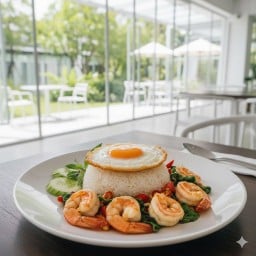 ข้าวกะเพรากุ้ง (ข้าวหอมมะลิ) พร้อมไข่ดาว