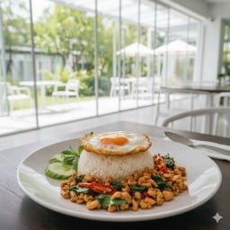 ข้าวกะเพราไก่ (ข้าวหอมมะลิ) พร้อมไข่ดาว