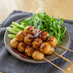 ลูกชิ้นปิ้ง หรือทอด เซ็ต 4 ไม้ น้ำจิ้มสูตรเคี่ยวของร้าน