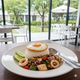 ข้าวกะเพราปลาหมึก (ข้าวหอมมะลิ) พร้อมไข่ดาว