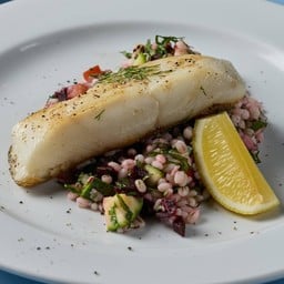 ปลาฮาลิบัตย่าง พร้อมข้าวบาร์เลย์ป่า