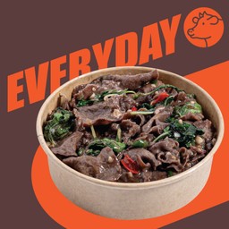 ข้าวหน้าผัดกะเพราลิ้นวัว