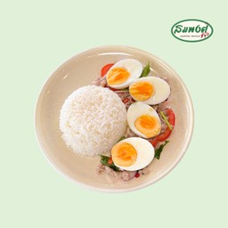 ยำไข่ต้มยางมะตูมหมูสับราดข้าว