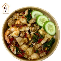 ข้าวกระเพราสามชั้นกุ้ง