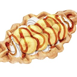 วาฟเฟิลวิปครีมกล้วยราดซอสสตอเบอรี่