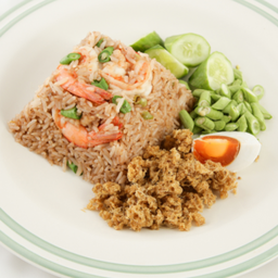 ข้าวผัดนํ้าพริกกุ้งสดปลาดุกฟู.