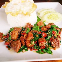 เนื้อโคขุนพรีเมี่ยมผัดกะเพราราดข้าว