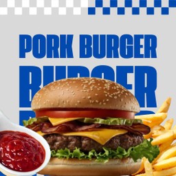 เบอร์เกอร์หมูเบคอนชิสซอส + เฟรนช์ฟรายส์