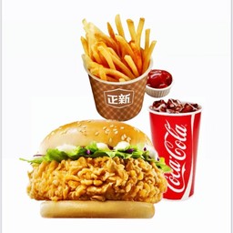 ชุด G เบอร์เกอร์น่องไก่สไปซี่+เฟรนฟรายบาง+เครื่องดื่ม
