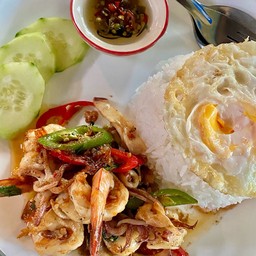 Stir-Fried Seafood with Holy Basil & Fried Egg on Rice