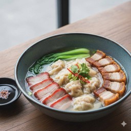 เกี๊ยวหมูแดง + หมูกรอบ