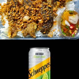 [อร่อยซ่ากับโค้ก] ปลาทอดกระเทียมพริกไทยราดข้าว +  ชเวปส์มะนาวโซดา ไม่มีน้ำตาล (กระป๋อง) 