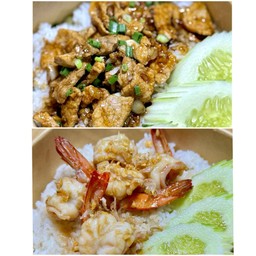หมูกระเทียมราดข้าว คู่ กุ้งกระเทียมราดข้าว