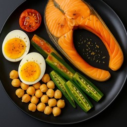 สลัดแซลมอน กระเจี๊ยบ มะเขือเทศย่าง + ธัญพืช โรยพริกไทยดำ +ไข่ต้ม 1ฟอง