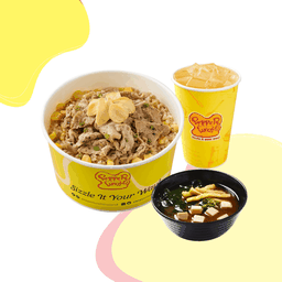 ชุดข้าวด้งเปปเปอร์หมู+ซุปมิโซะ+ชาเขียวเย็น