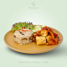 ข้าวอบเห็ดหอมเต้าหู้ทอดซอสเปรี้ยวหวาน