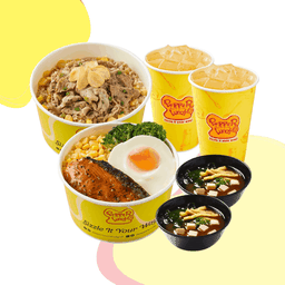 ชุดข้าวด้งเปปเปอร์หมู+ข้าวด้งเทริยากิแซลมอนและไข่(ข้าวญี่ปุ่น)+ซุปมิโซะ 2 ถ้วย+ชาเขียวเย็น 2 แก้ว