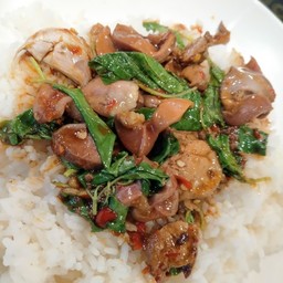 กะเพราเครื่องในไก่ ราดข้าว