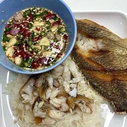ข้าวหน้าปลานิลทอด+พริกน้ำปลาอร่อยๆจ้า