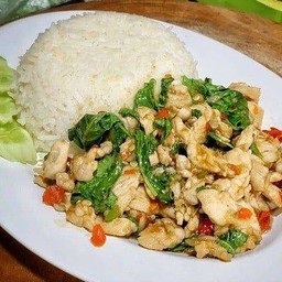 หมูชิ้นผัดโหระพา ราดข้าว