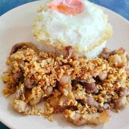 หมูชิ้นทอดกระเทียม+ไข่ดาว ราดข้าว