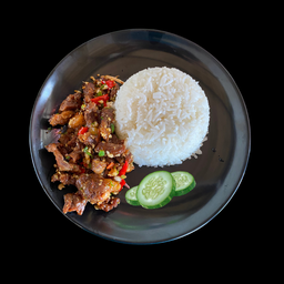 ข้าวเนื้อแดดเดียวผัดพริกสด