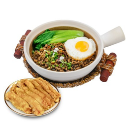 ข้าวอบหม้อดินหมูผัดกาดดอง+น่องไก่ทอด