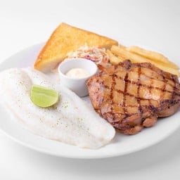 ไก่ย่างสไปซี่ + สเต็กปลาย่าง