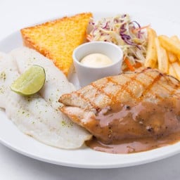 สเต็กปลาย่าง + สเต็กไก่ซอสพริกไทยดำ