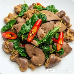 ข้าวราดเครื่องในไก่ ผัดใบโหระพา