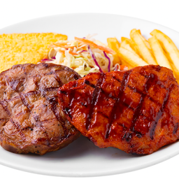 สเต็กหมูพริกไทยดำ + พอร์คลอยน์ บาร์บีคิว