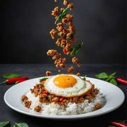 Rice Topped With Stir-Fried Pork And Basil + Fried Egg