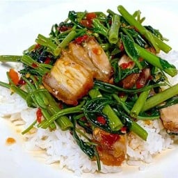 ผัดผักบุ้งหมูสามชั้น ราดข้าว