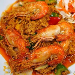 กุ้งแม่น้ำ ผัดผงกระหรี่ 4ตัว พร้อมน้ำจิ้ม ซีฟู้ดสูตรเด็ด