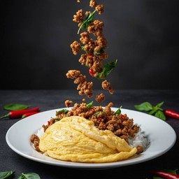 Rice Topped With Stir-Fried Minced Pork And Basil + Scrambled Egg